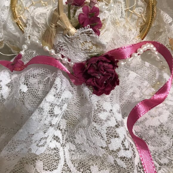 Vintage Lace Angel Tree Topper With Gold Accents & Pink Ribbon 5 Inches Tall - Picture 3 of 8